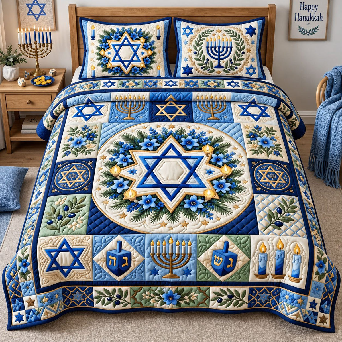Floral Hanukkah quilted 3-piece bedding set on a made bed with two matching pillow shams