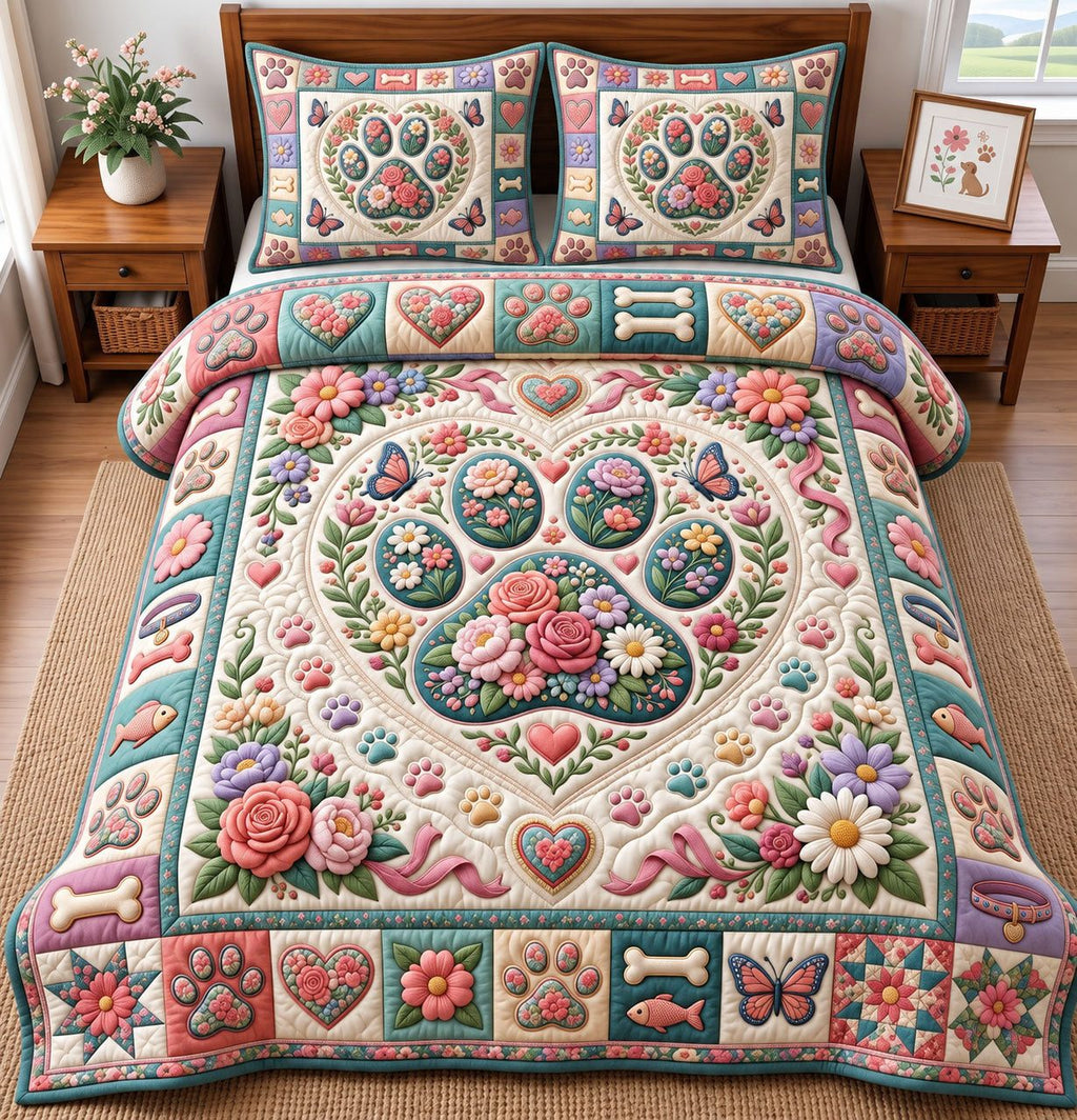 Floral Heart Paw Medallion quilted 3-piece bedding set on a made bed with two matching pillow shams