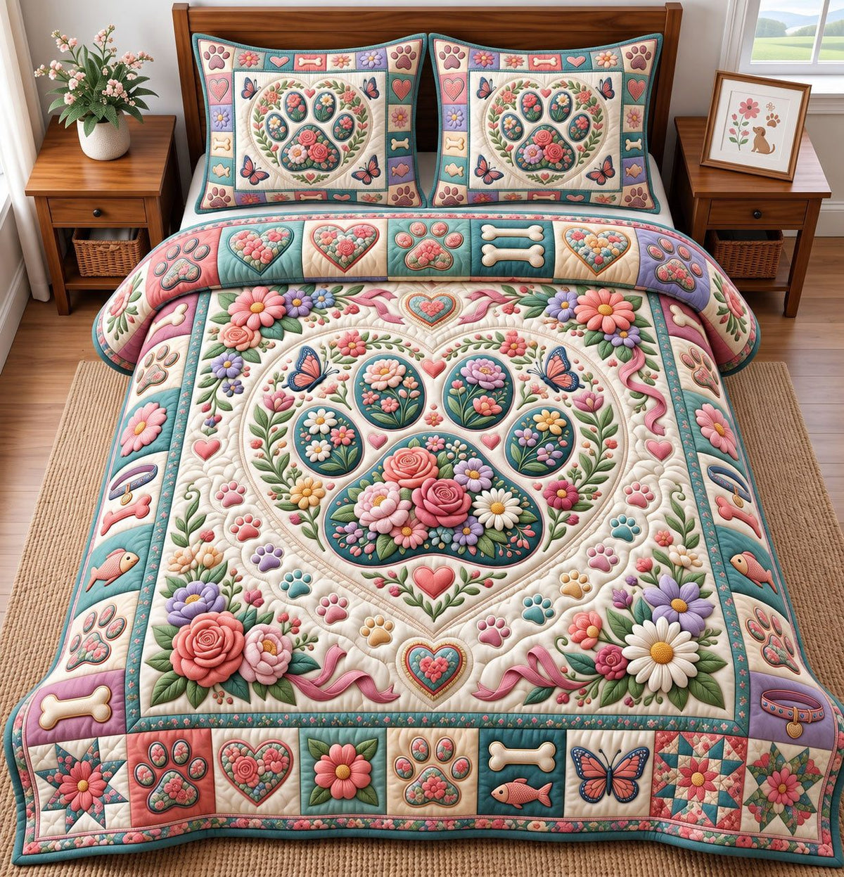 Floral Heart Paw Medallion quilted 3-piece bedding set on a made bed with two matching pillow shams