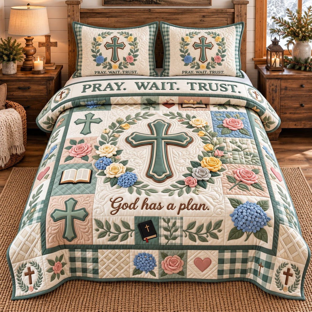 Floral Hydrangea Pray Wait Trust quilted 3-piece bedding set on a made bed in a softly lit bedroom