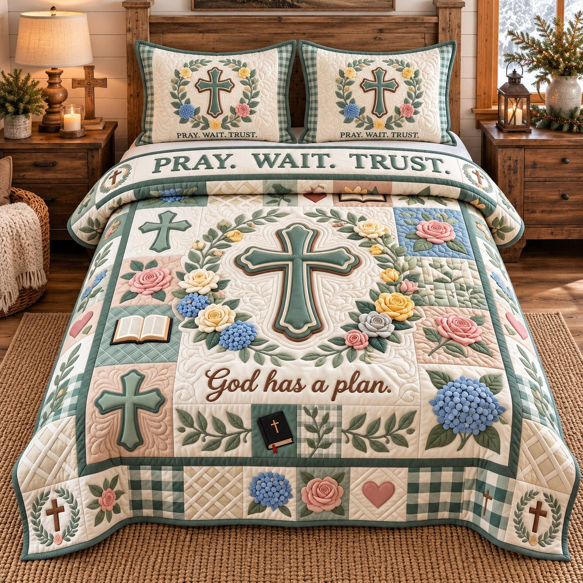 Floral Hydrangea Pray Wait Trust quilted 3-piece bedding set on a made bed in a softly lit bedroom