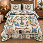 Floral Hydrangea Pray Wait Trust quilted 3-piece bedding set on a made bed in a softly lit bedroom