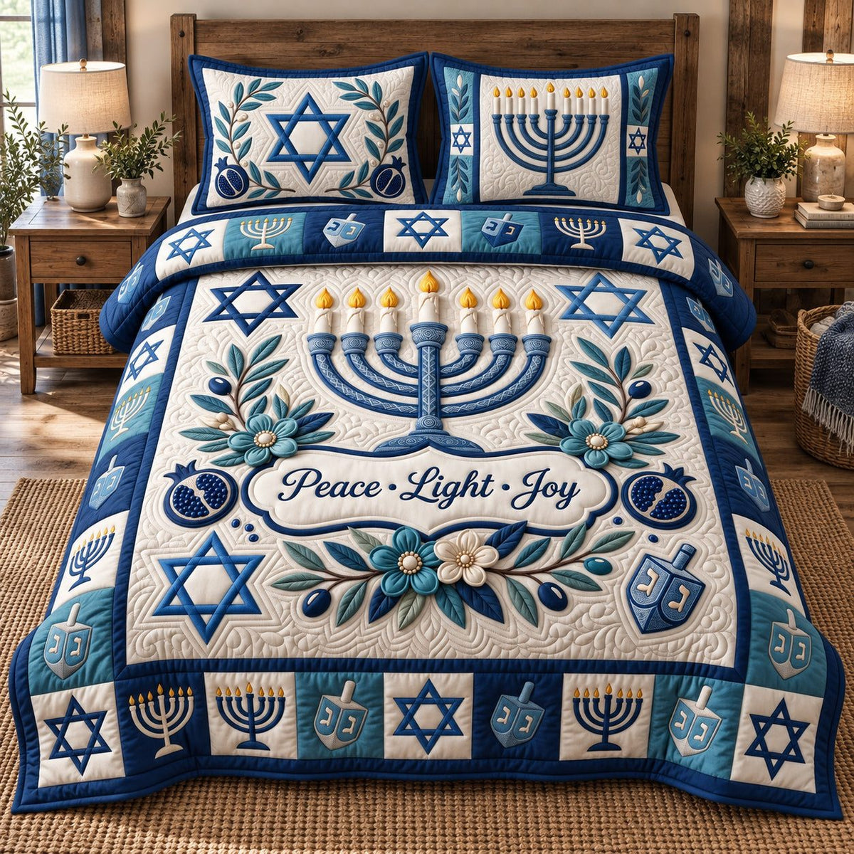 Floral Menorah Peace quilted 3-piece bedding set on a made bed with two matching pillow shams