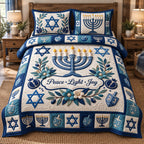Floral Menorah Peace quilted 3-piece bedding set on a made bed with two matching pillow shams