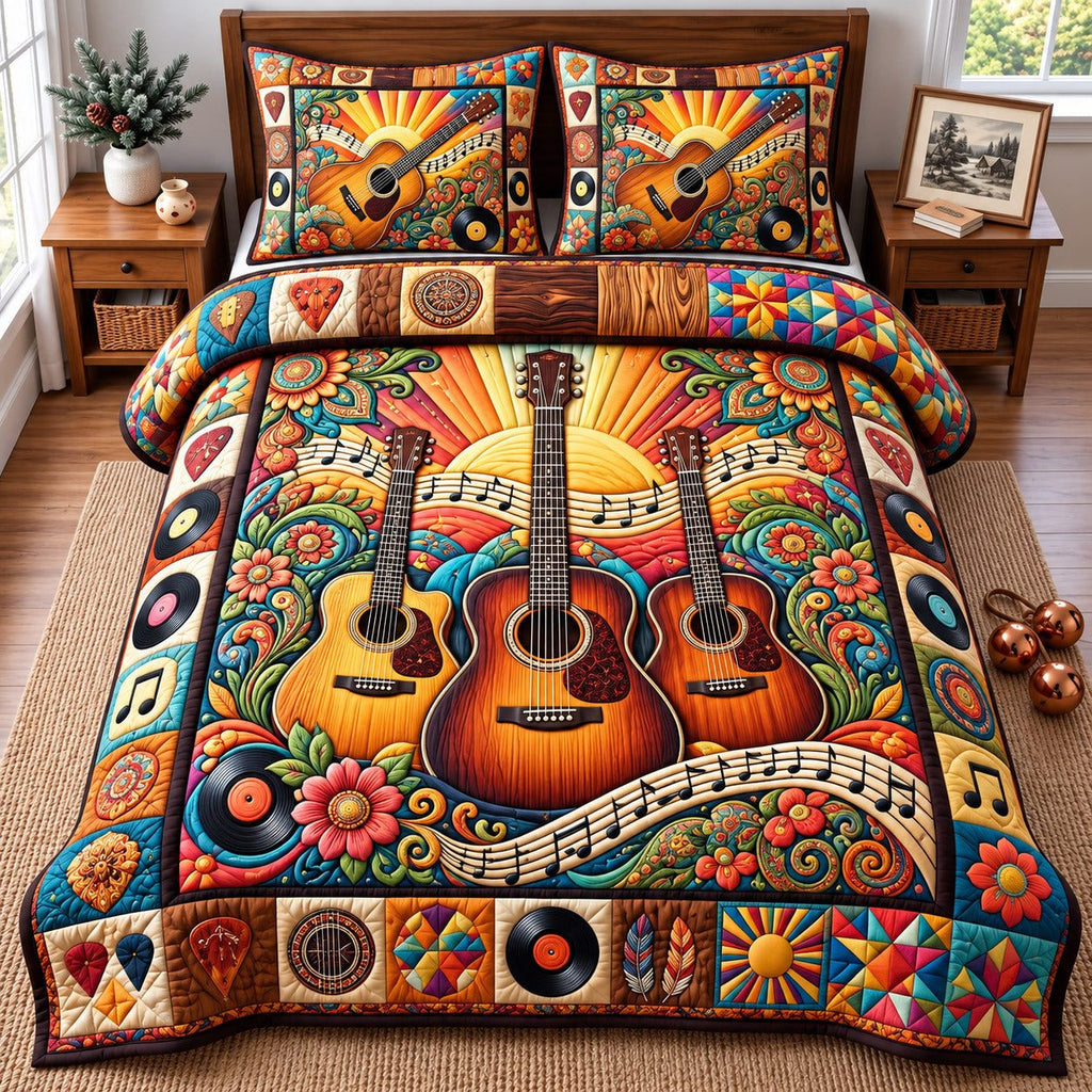 Floral Sunburst Acoustic Guitar Trio quilted 3-piece bedding set on a made bed with two matching pillow shams