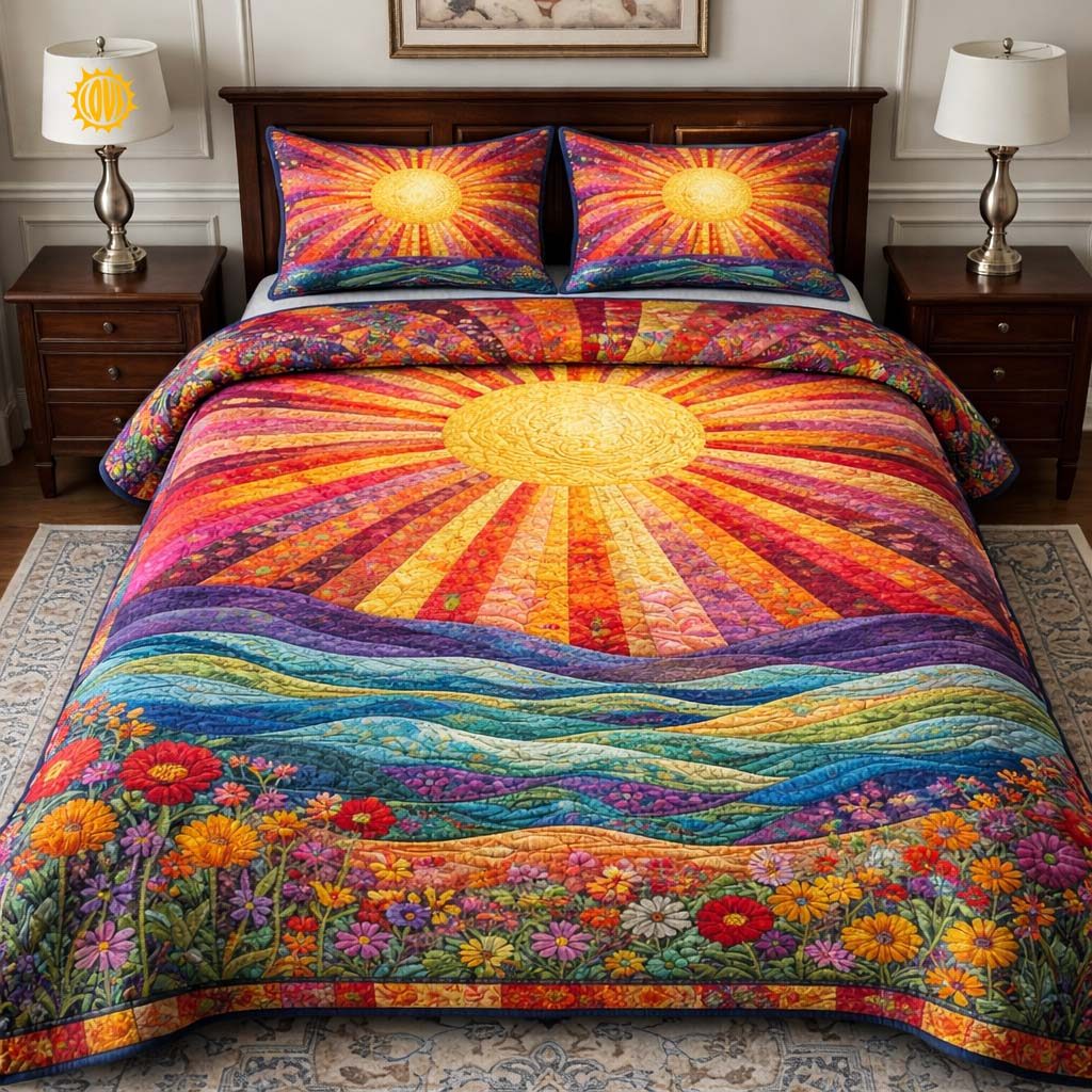 Floral Sunburst Red Sky quilted 3-piece bedding set on a made bed with two matching pillow shams