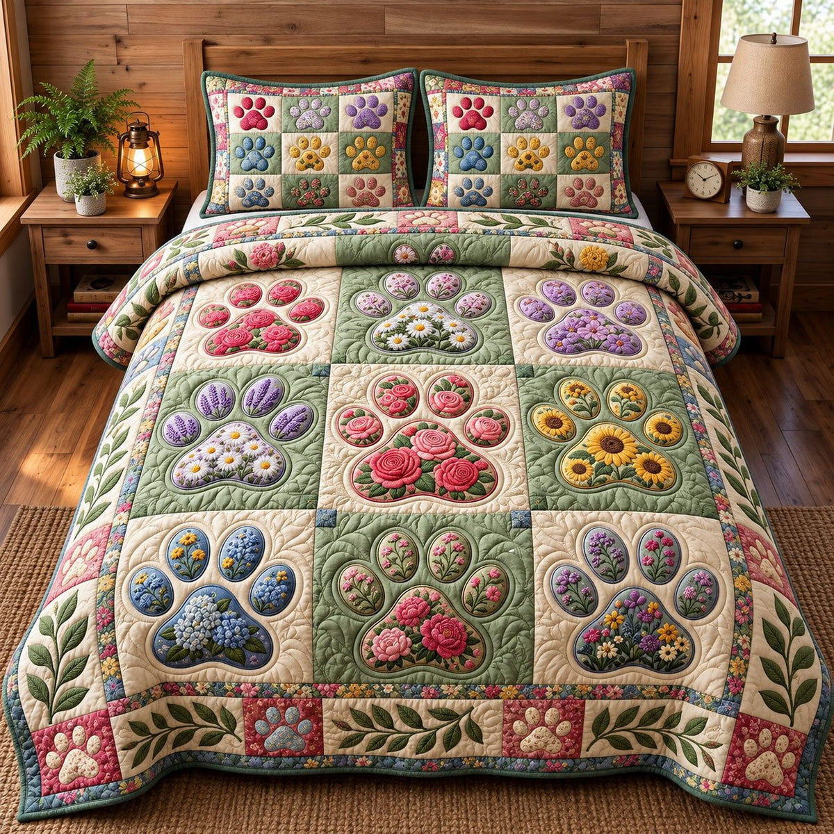 Floral Sunflower Paw Print quilted 3-piece bedding set on a made bed with two matching pillow shams