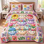 Flower Garden Dumplings quilted 3-piece bedding set on a made bed with two matching pillow shams
