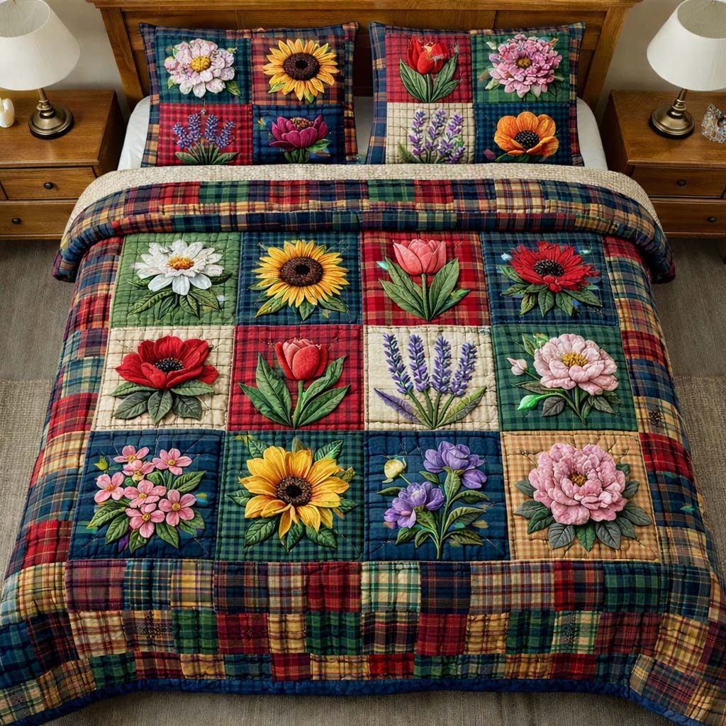 Flowers Patchwork Navy Plaid quilted 3-piece bedding set on a made bed in a warmly lit bedroom