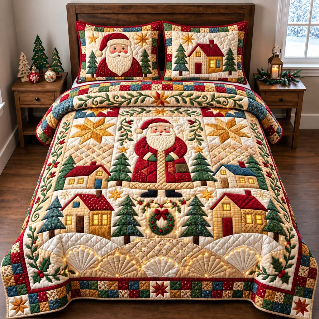 Folk Art Santa quilted 3-piece bedding set on a made bed in a winter-styled bedroom