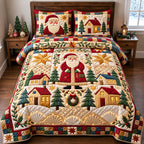 Folk Art Santa quilted 3-piece bedding set on a made bed in a winter-styled bedroom