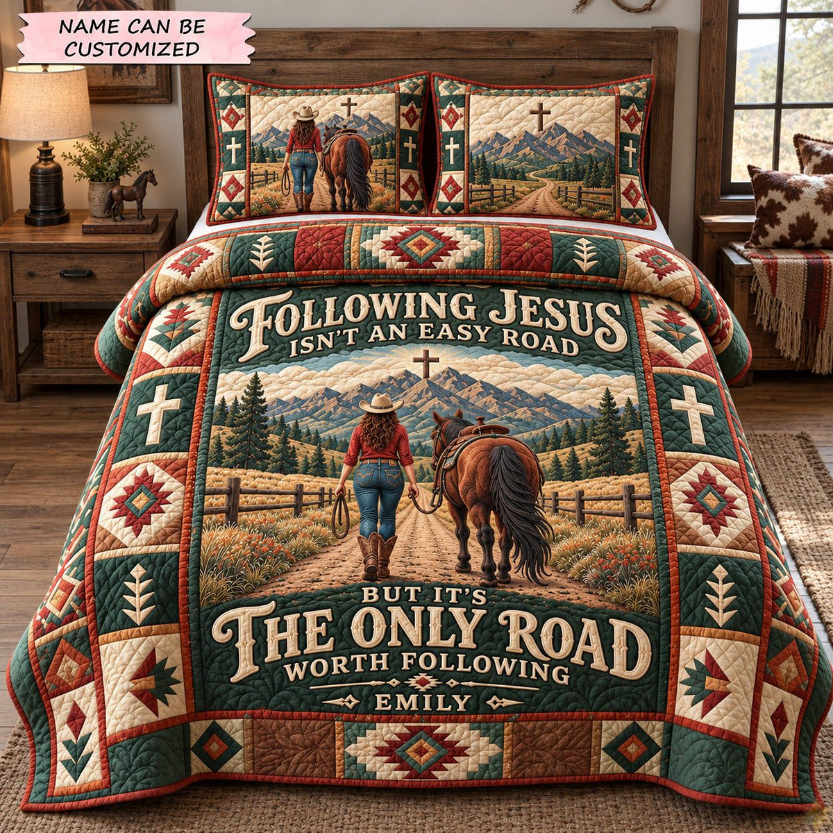 Following Jesus On The Cowboy Trail 3-Piece Quilted Bedding Set QTCUZ quilted 3-piece bedding set on a made bed in a softly lit bedroom