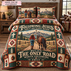 Following Jesus On The Cowboy Trail 3-Piece Quilted Bedding Set QTCUZ quilted 3-piece bedding set on a made bed in a softly lit bedroom