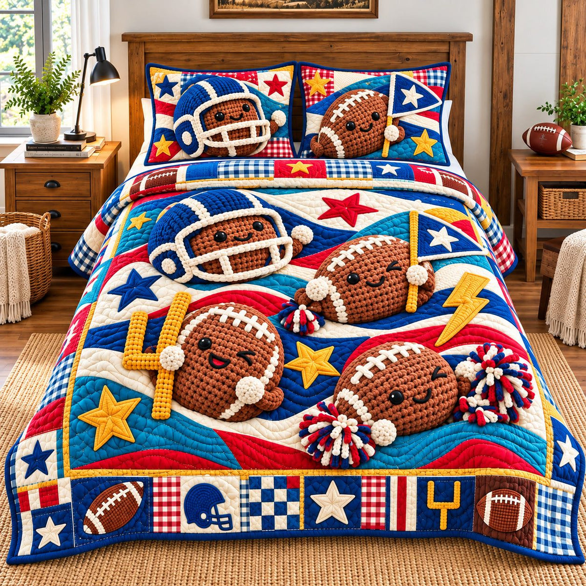 Football Game Legends quilted 3-piece bedding set on a made bed with two matching pillow shams
