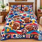 Football Game Legends quilted 3-piece bedding set on a made bed with two matching pillow shams