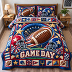 Football Gridiron Spirit quilted 3-piece bedding set on a made bed with two matching pillow shams