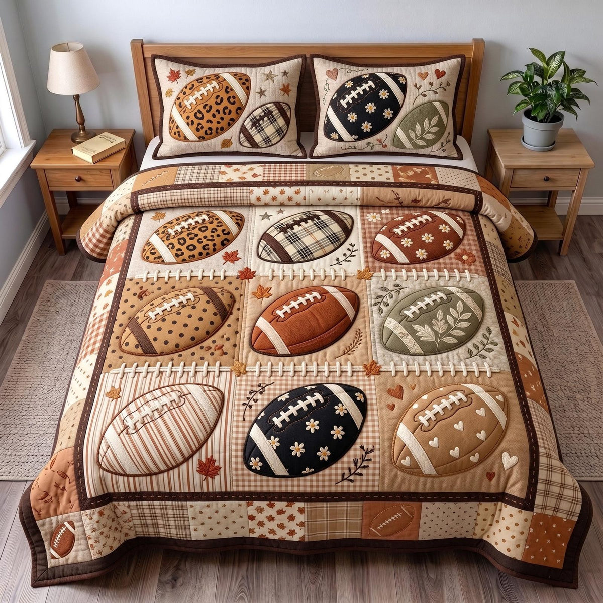 Football Season Balls Cream quilted 3-piece bedding set on a made bed with two matching pillow shams