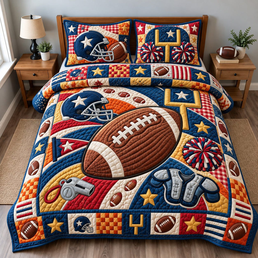 Football Stadium Energy quilted 3-piece bedding set on a made bed with two matching pillow shams