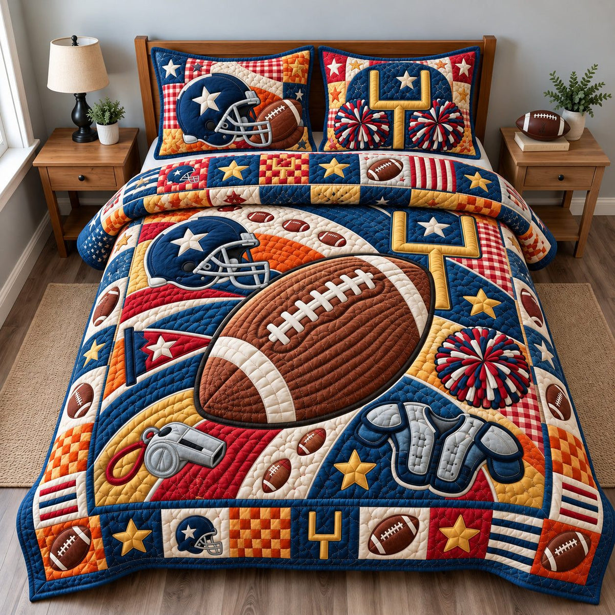 Football Stadium Energy quilted 3-piece bedding set on a made bed with two matching pillow shams