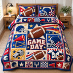 Football Sunday Tradition quilted 3-piece bedding set on a made bed with two matching pillow shams