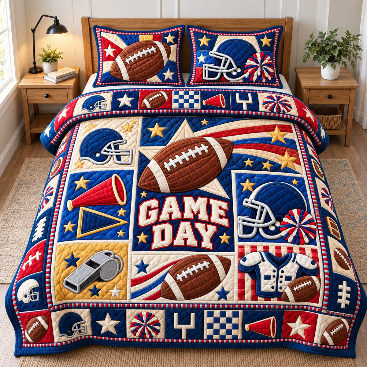 Football Sunday Tradition quilted 3-piece bedding set on a made bed with two matching pillow shams