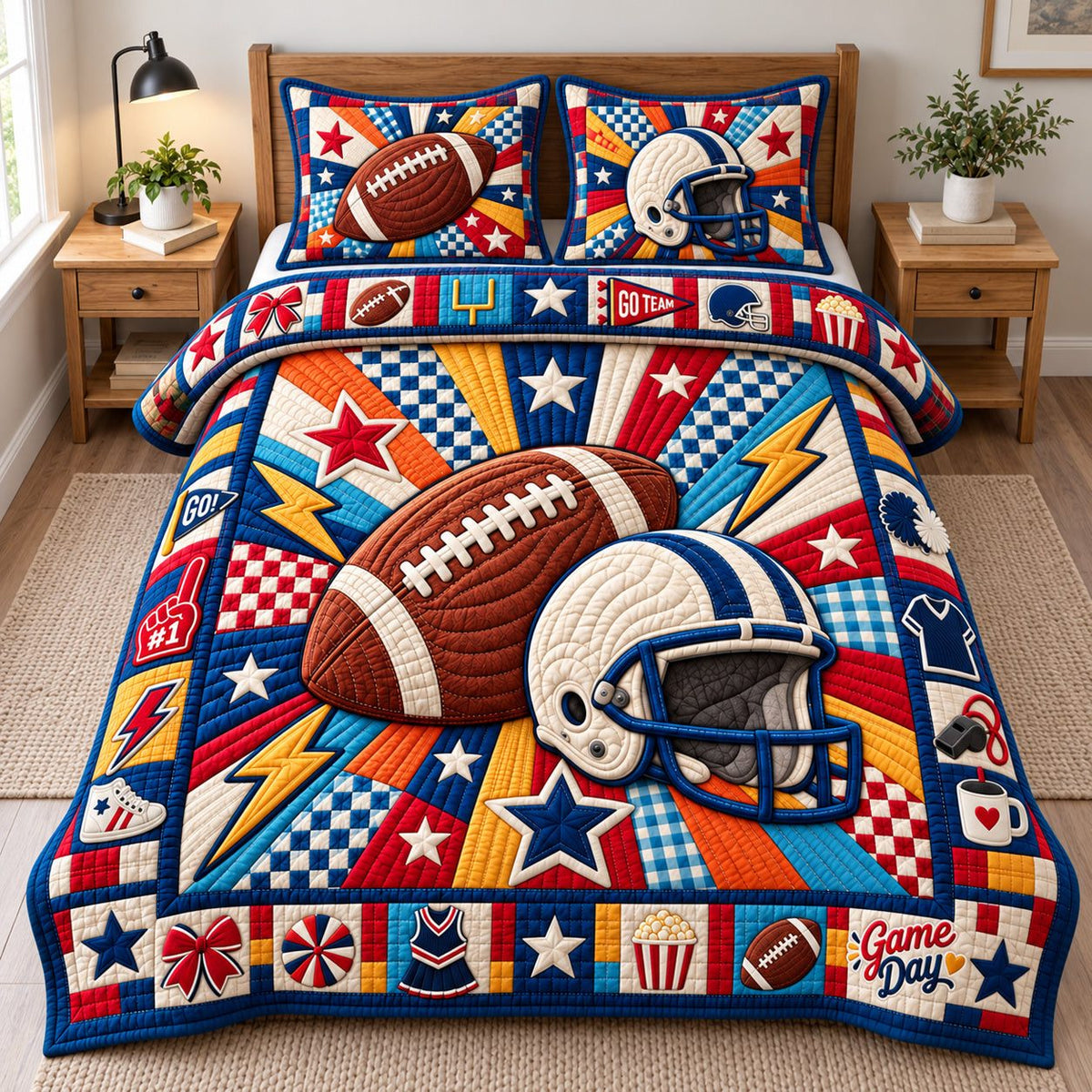 Football Touchdown Glory quilted 3-piece bedding set on a made bed with two matching pillow shams