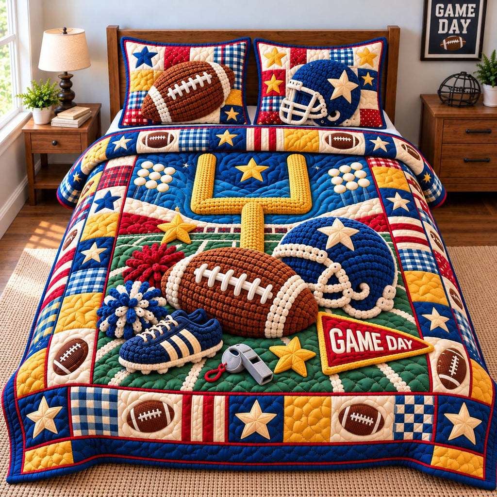 Football Victory Season quilted 3-piece bedding set on a made bed with two matching pillow shams
