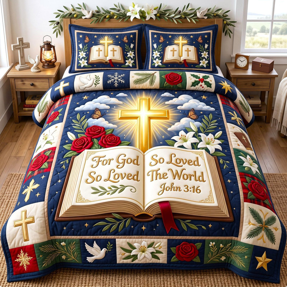 For God So Loved The World quilted 3-piece bedding set on a made bed in a softly lit bedroom