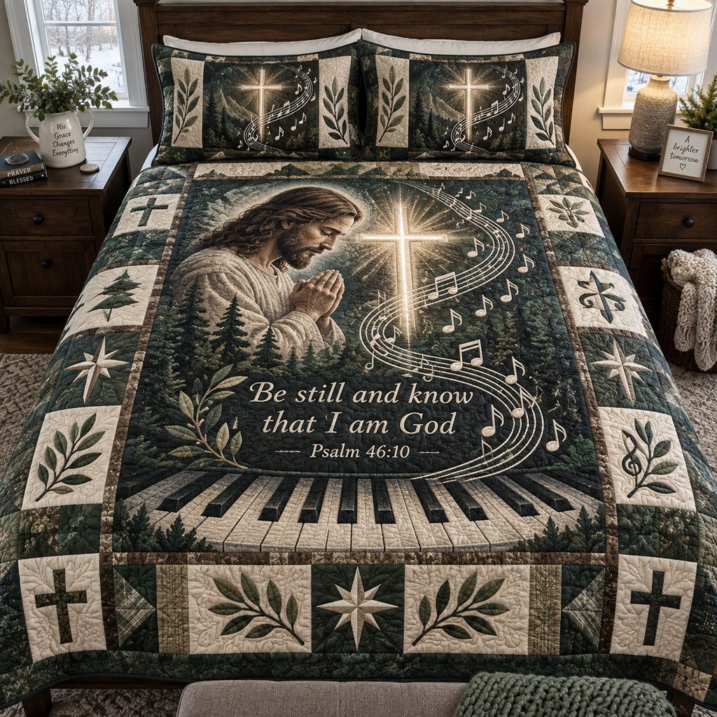 For His Glory quilted 3-piece bedding set on a made bed with two matching pillow shams