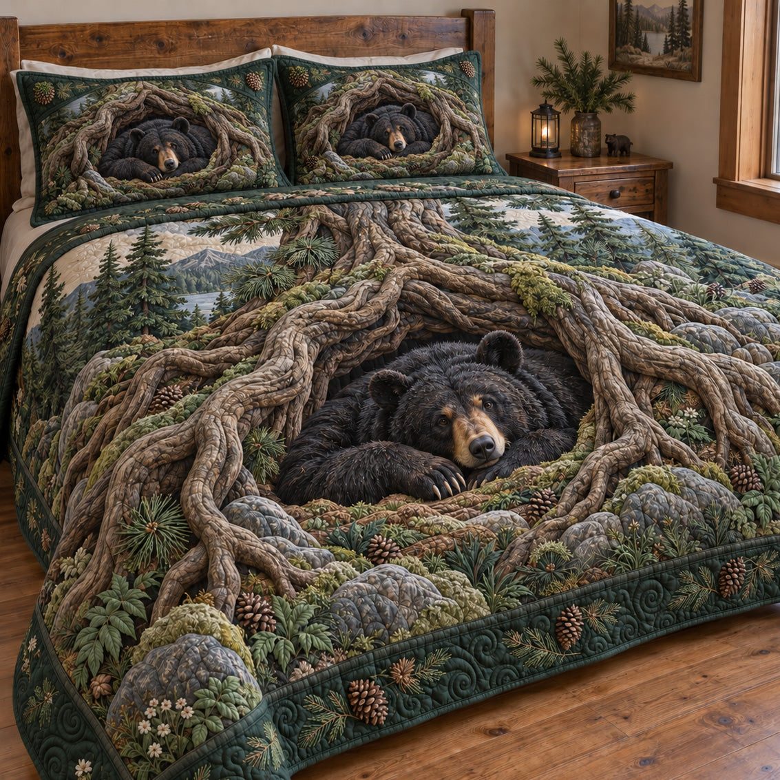 Forest Bear Haven quilted 3-piece bedding set on a made bed with two matching pillow shams