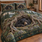 Forest Bear Haven quilted 3-piece bedding set on a made bed with two matching pillow shams