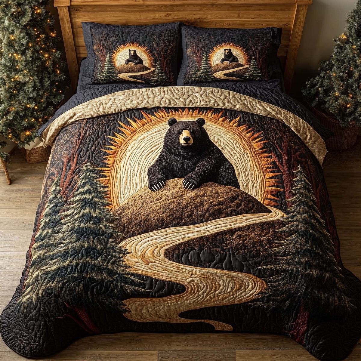 Forest Bear Path Night quilted 3-piece bedding set on a made bed with two matching pillow shams