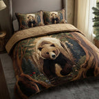 Forest Bear Peek Trees quilted 3-piece bedding set on a made bed with two matching pillow shams