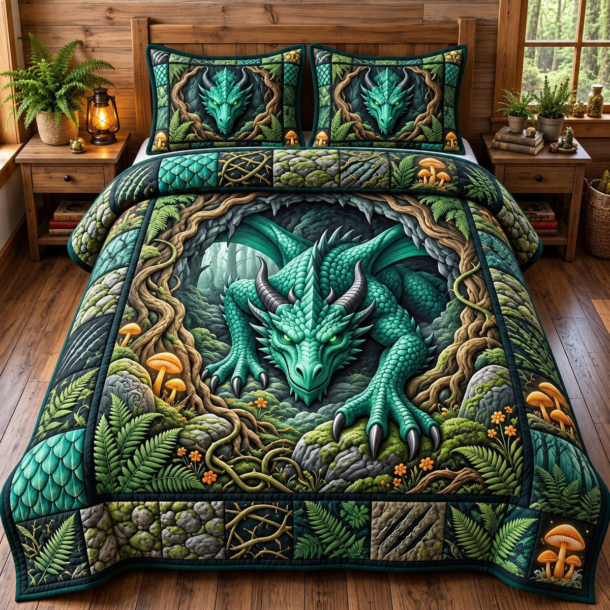 Forest Cave Green Dragon quilted 3-piece bedding set on a made bed with two matching pillow shams