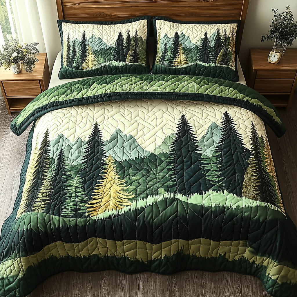 Forest Charm Pine Ridge quilted 3-piece bedding set on a made bed with two matching pillow shams