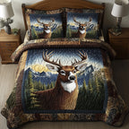 Forest Deer Moon Peaks quilted 3-piece bedding set on a made bed with two matching pillow shams
