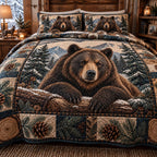 Forest Guardian Bear quilted 3-piece bedding set on a made bed with two matching pillow shams