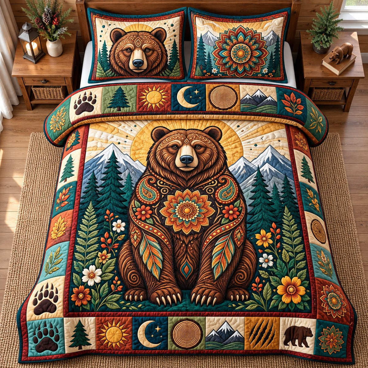 Forest Guardian quilted 3-piece bedding set on a made bed with two matching pillow shams
