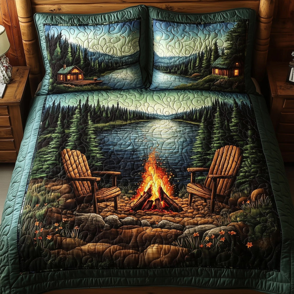 Forest Joy quilted 3-piece bedding set on a made bed with two matching pillow shams