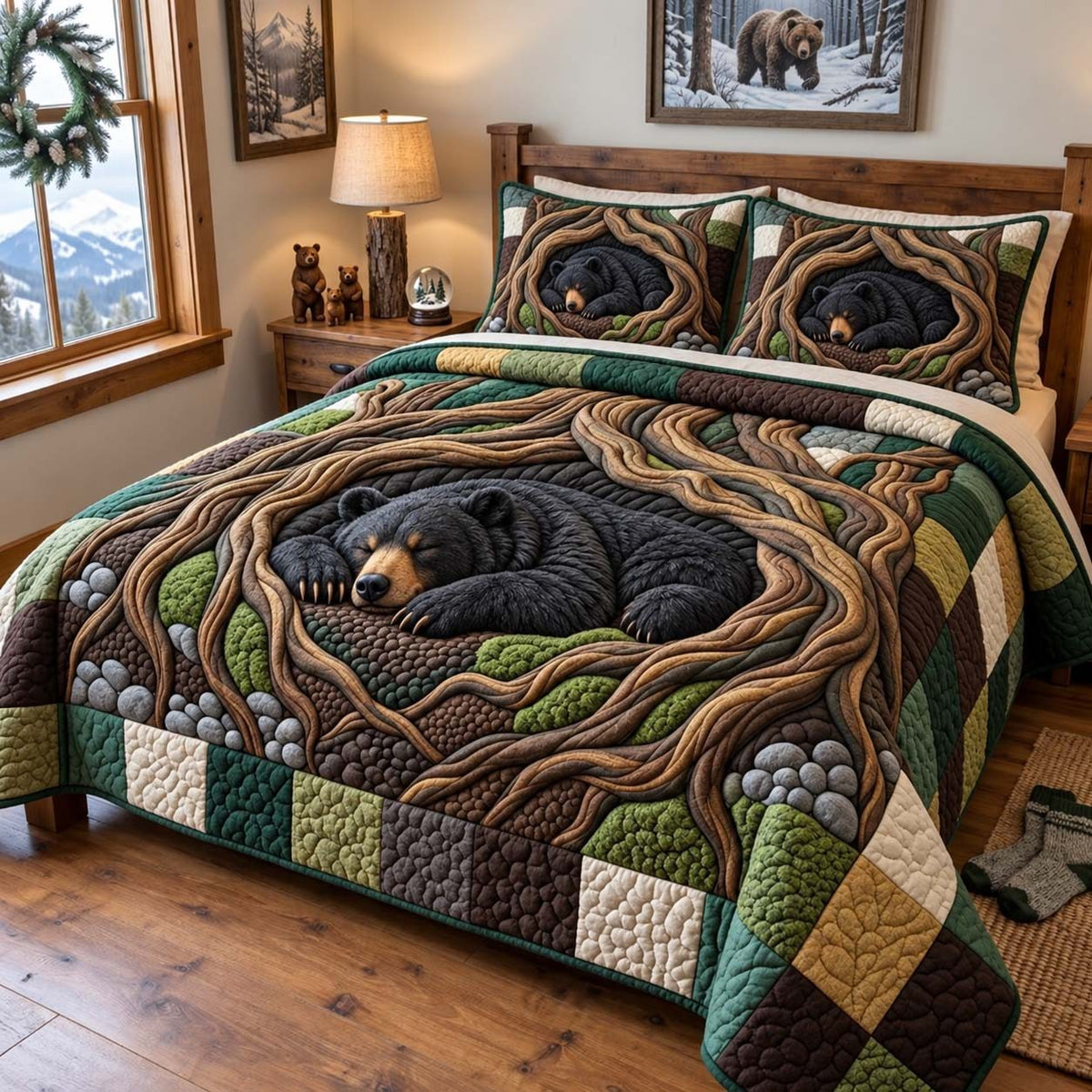 Forest Roots Bear quilted 3-piece bedding set on a made bed with two matching pillow shams