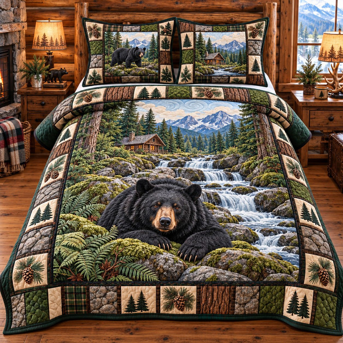 Forest Rustic Guardian quilted 3-piece bedding set on a made bed in a farmhouse bedroom