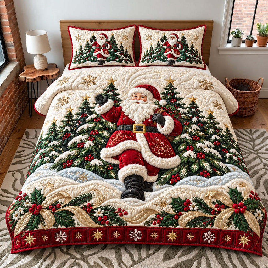 Forest Santa quilted 3-piece bedding set on a made bed in a winter-styled bedroom