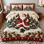 Forest Santa quilted 3-piece bedding set on a made bed in a winter-styled bedroom