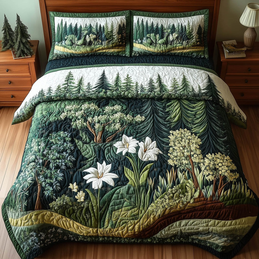 Forest Soul Wildflower Pines quilted 3-piece bedding set on a made bed with two matching pillow shams