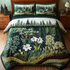 Forest Soul Wildflower Pines quilted 3-piece bedding set on a made bed with two matching pillow shams