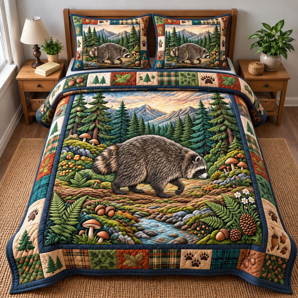 Forest Stream Raccoon quilted 3-piece bedding set on a made bed with two matching pillow shams