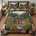 Forest Stream Raccoon quilted 3-piece bedding set on a made bed with two matching pillow shams