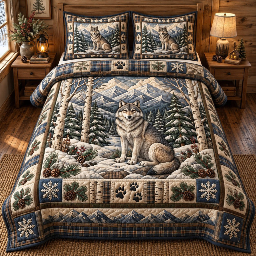 Forest Trail Wolf Rustic quilted 3-piece bedding set on a made bed in a farmhouse bedroom