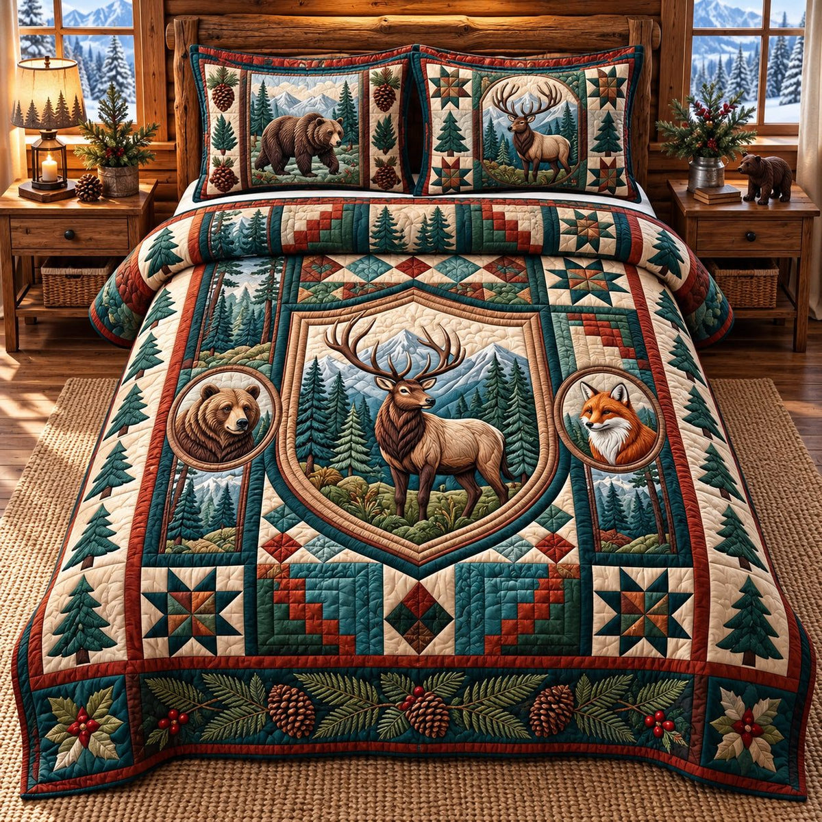 Forest Wildlife Patchwork quilted 3-piece bedding set on a made bed in a farmhouse bedroom