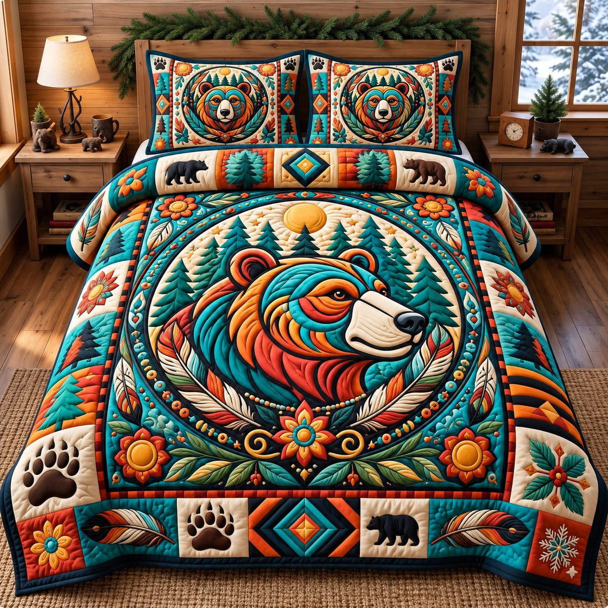 Forest Wreath Native Bear quilted 3-piece bedding set on a made bed with two matching pillow shams